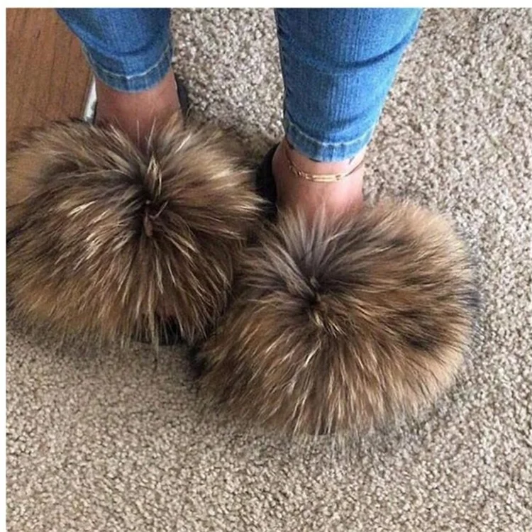 

2021 New Design Factory Direct Wholesale fur slides real raccoon fur slides fur slippers sandals for women slipper