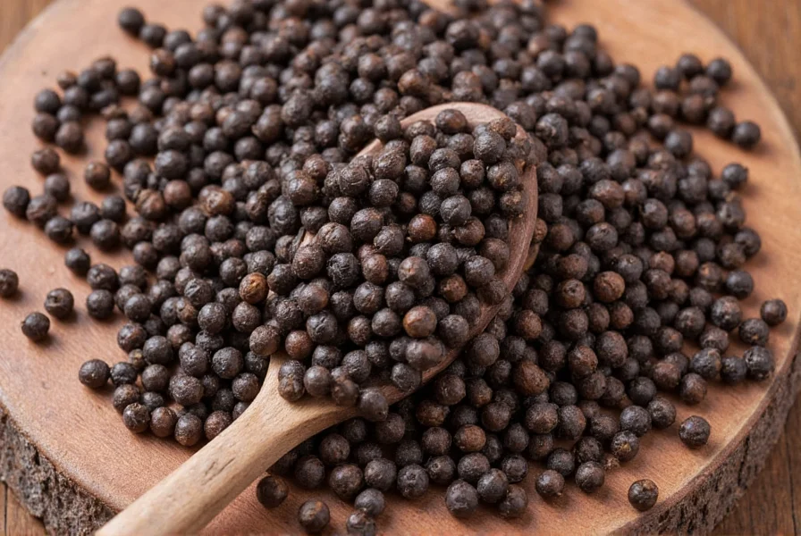 Close-up of black peppercorns on wooden spoon with Piper nigrum vine in background