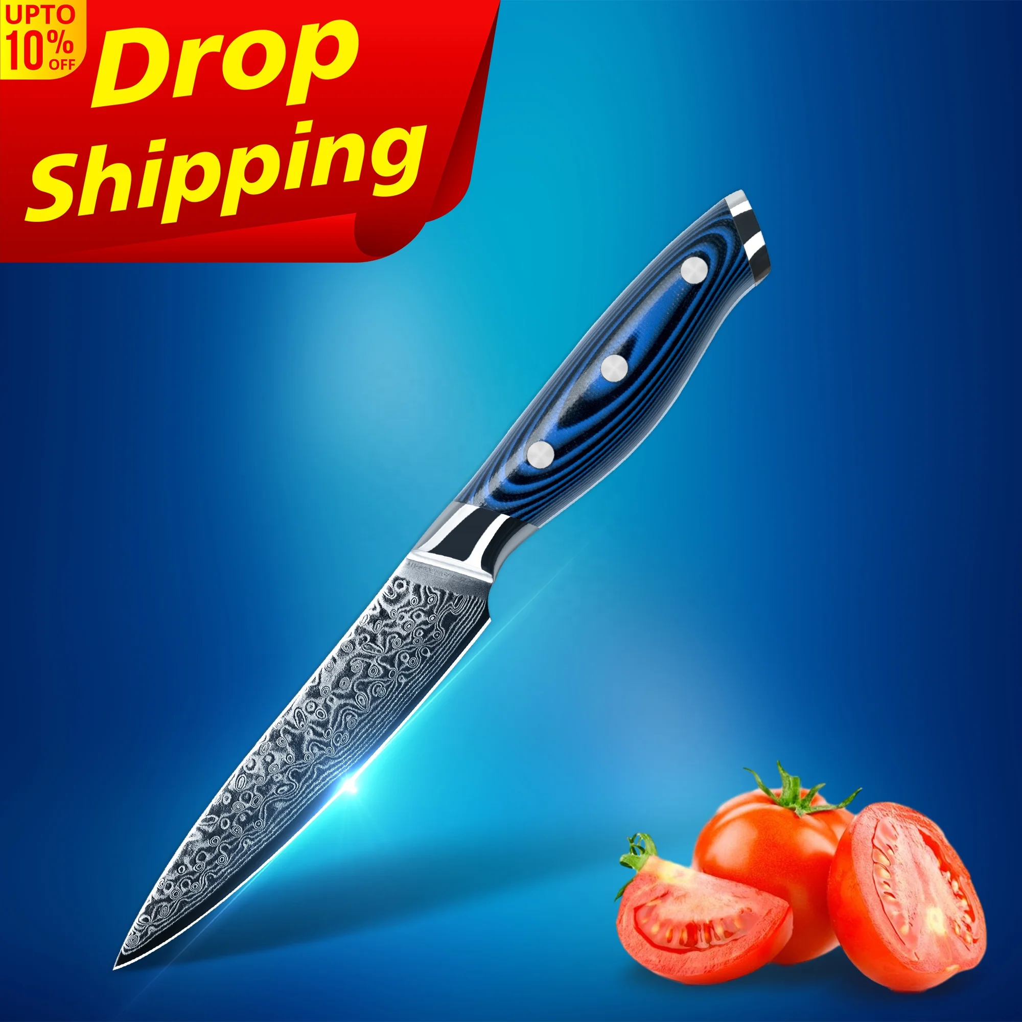 

10% off SkyCook 5 Inch Damascus 67 Layers vg10 buy steak knives steak knife set steak knives with Blue G10 Handle