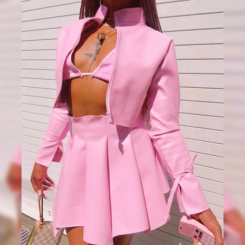 

Women's Leather Jacket With Mini Skirt Sets 2021 Autumn Outfits Stripper Cotsumer 2 Piece Clothes Crop Short Tops, Pink yellow