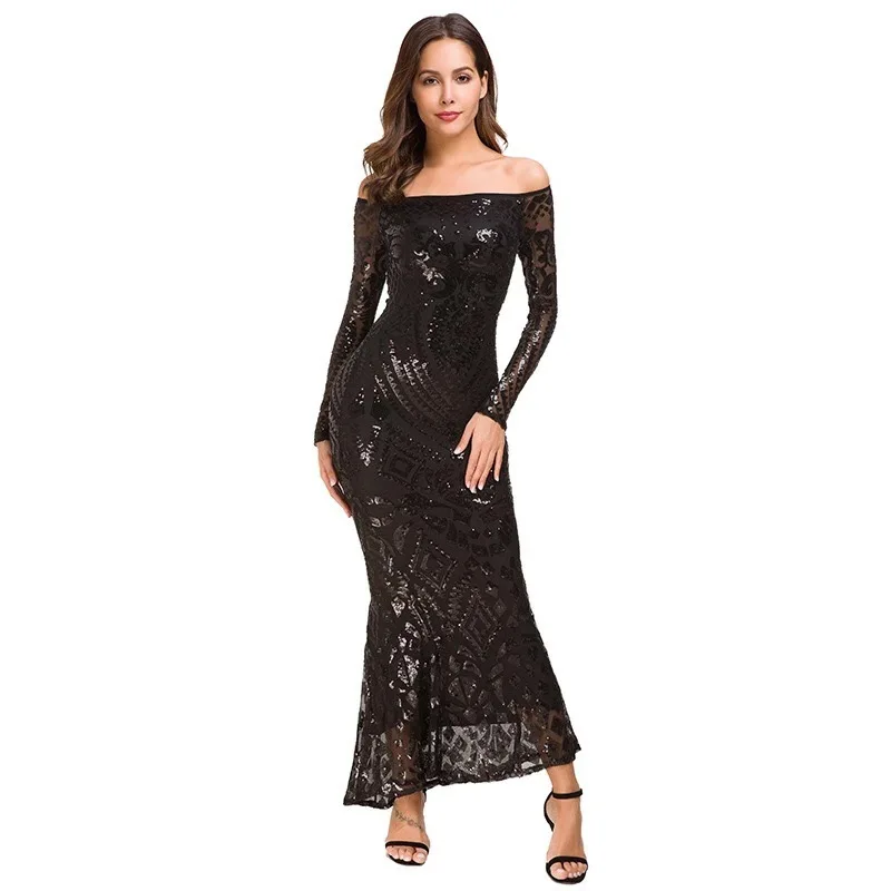 

European and American Style Sequins Lace Sexy Fishtail Banquet Women's Evening Dress In Winter