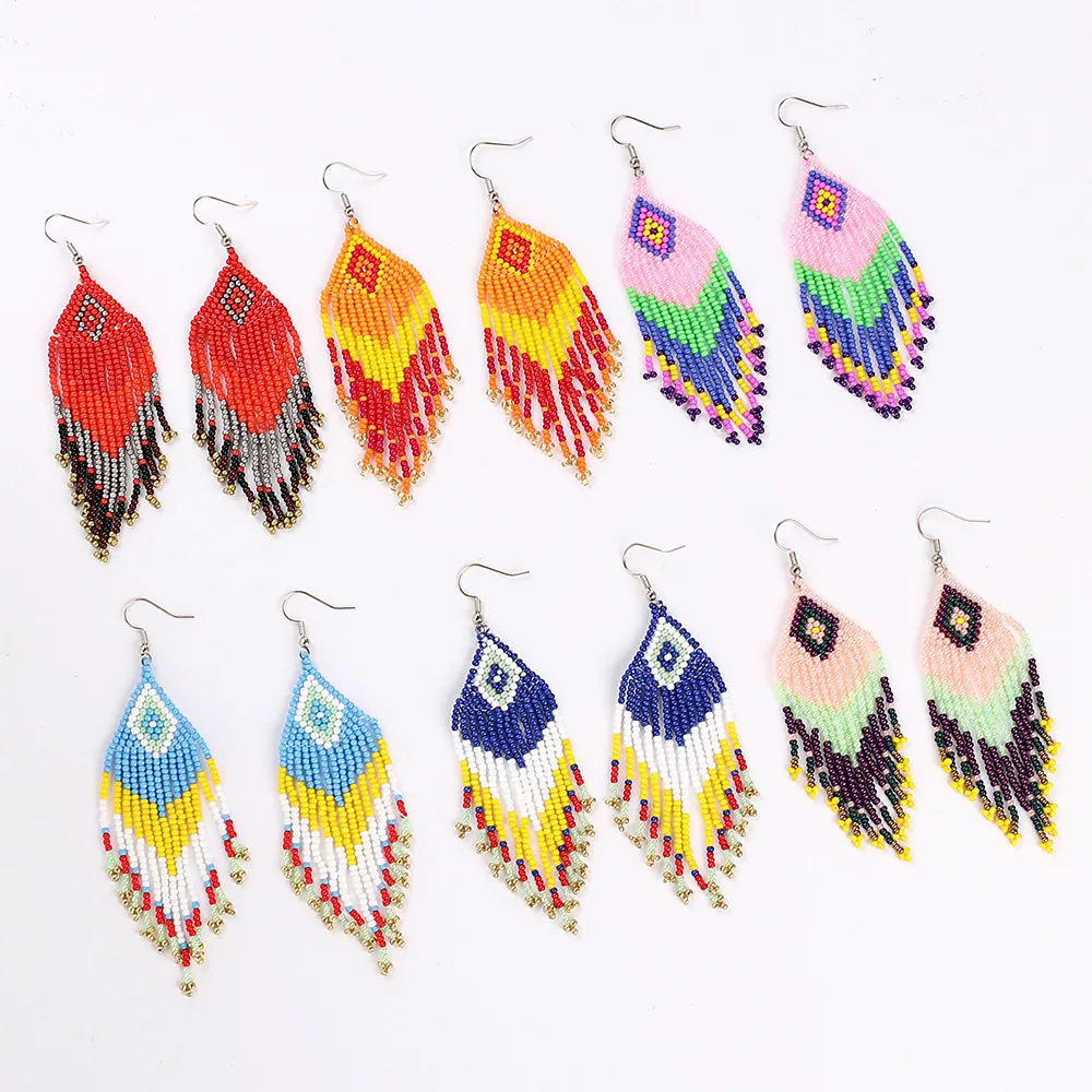 

Colorful Rice Bead Earrings with Ethnic Style and Personalized bohemian earrings tassel