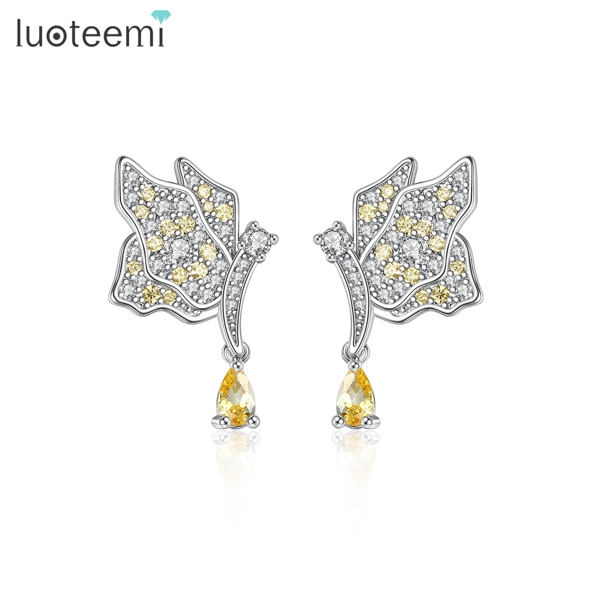 LUOTEEMI Colorful Earing Zircon Lady Fashion Large Jewelry Dangling Flower Butterfly Dangle Earring Silver