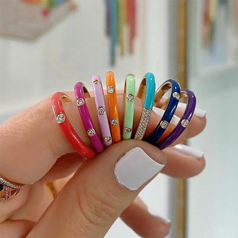 

2021 Summer New Colorful Enamel Dripping Oil Finger Rings for Women Fashion AAA Zircon Beach Travel Jewelry Rings