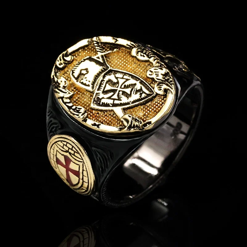 

Unique Design Men's Vintage Luxury Black Gold Color Cross Shield Ring Punk Style Rock Rings Statement Jewelry