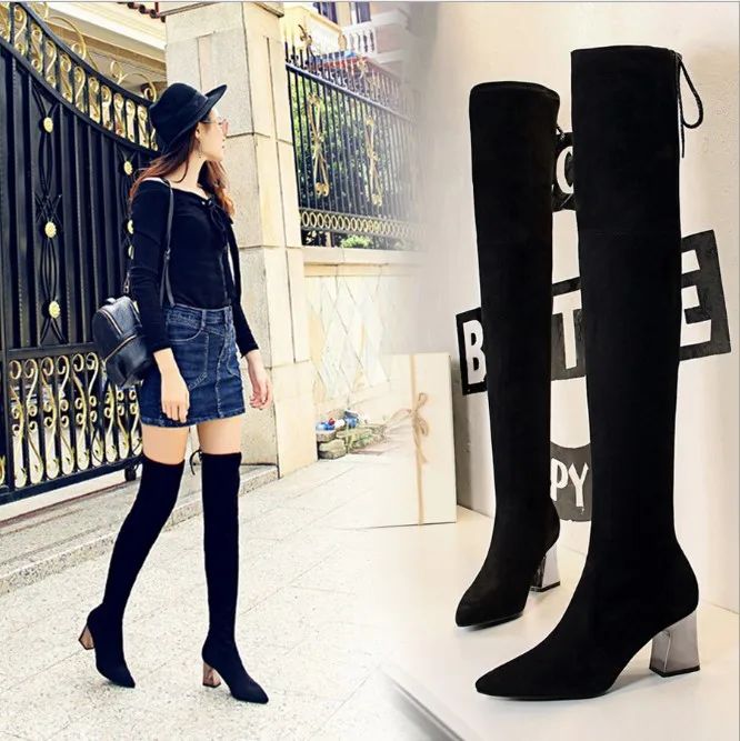 

Winter Shoes Female Heel Women Lace up Girls Charm Fashion Heels Thigh High long Boots, Black