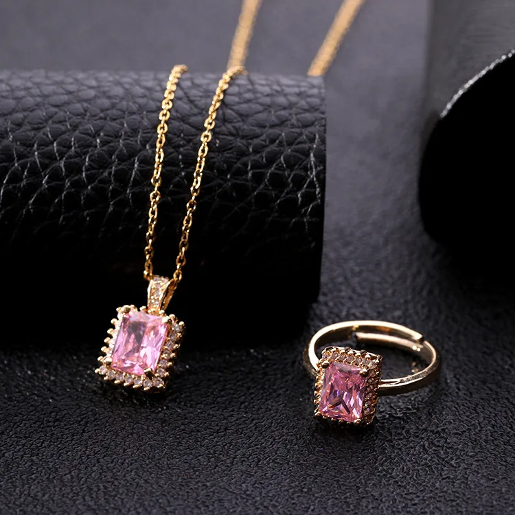 

Wholesale Fashion Jewelry Sets Square Crystal Zircon Necklace Ring Two-pcs Jewelry Sets for women