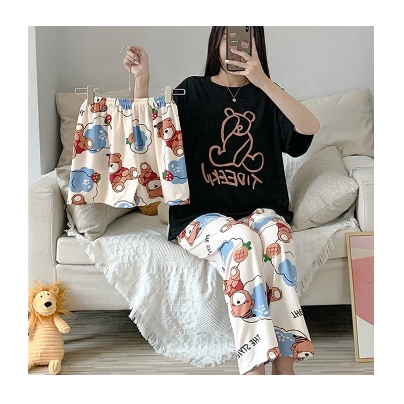 

Breathable new printing type loose milk silk korean summer clothing womens knitted three piece short sets, 10colors
