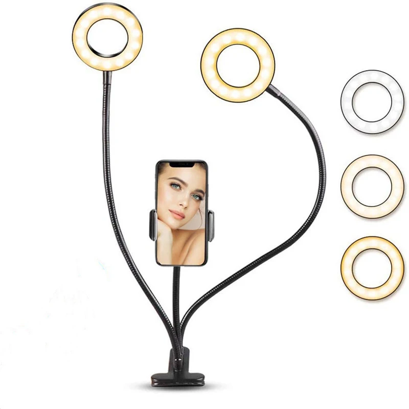 

Flexible Clips 3 Inch Table Selfie Ring Light With Cell Phone Holder Stand Two Mini Ring Light, Warm natuaral white