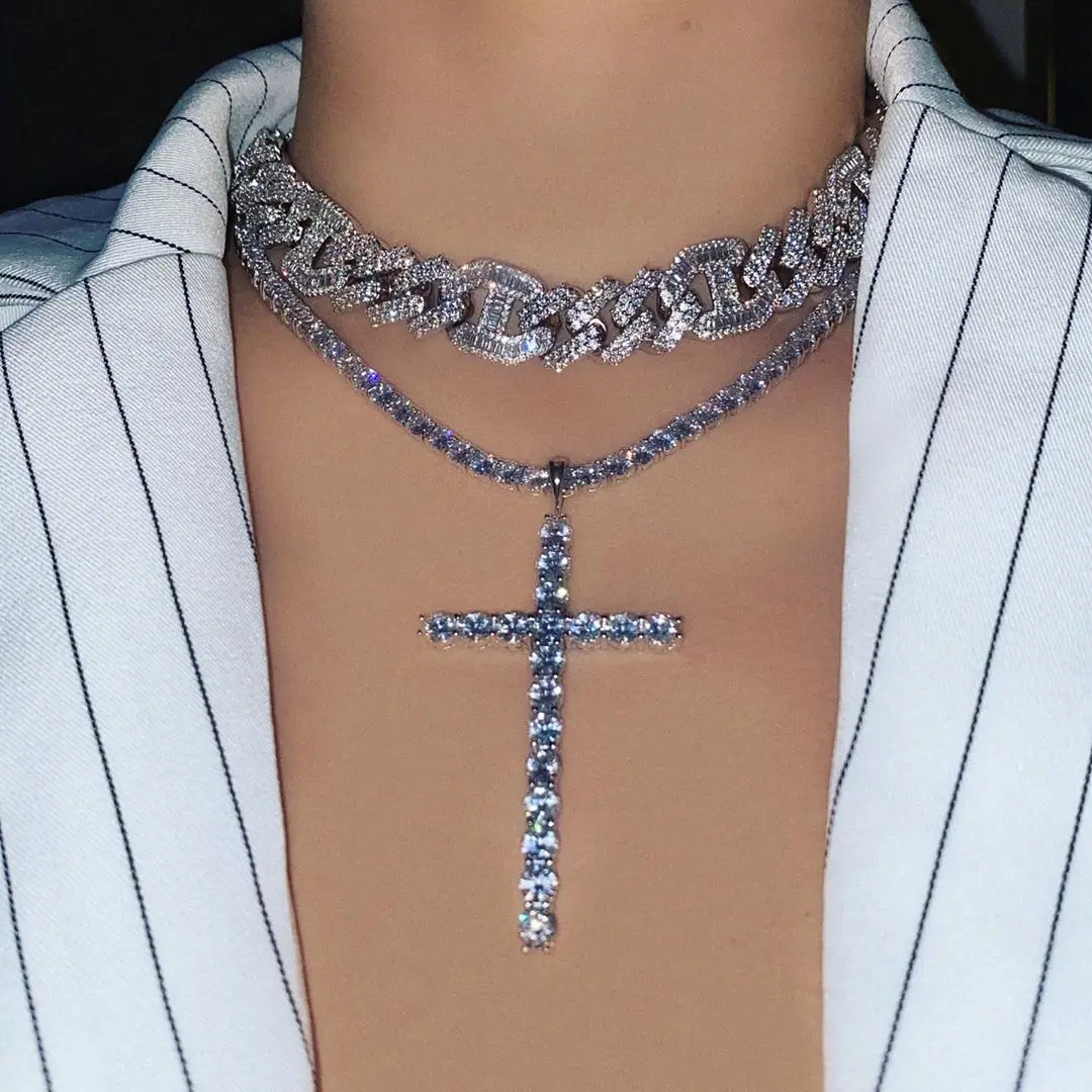 

5A cubic zirconia cz iced out bling pray cross pendant women necklace, Silver