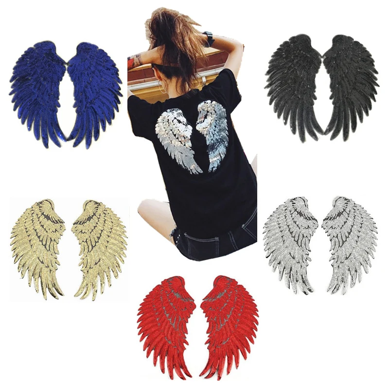 

Small MOQ big size wings design sequin embroidery patch for garment