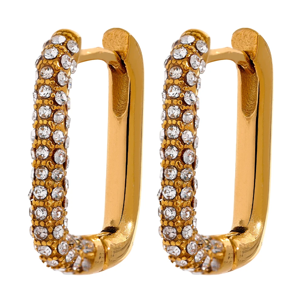 

JINYOU 822 Luxury Bling Cubic Zirconia Square Metal Stainless Steel Waterproof Gold Color Huggie Earrings Women Stylish Jewelry