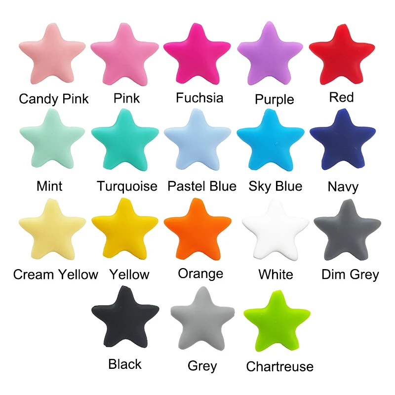 

soft no toxic BPA Free 45mm food grade star silicone beads, 18 in stock, custom color acceptable