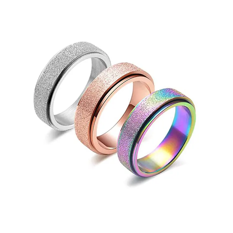 

Sandblasted gold glitter stainless steel rotatable men's ring jewelry fashion fingertip spinner ring women's, White, purple, pink, yellow, purple, green