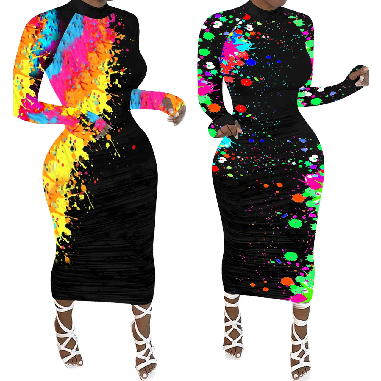 

fall 2021 women clothes normal style Graffiti-printed long-sleeve dress women casual dresses elegant evening dresses, As picture