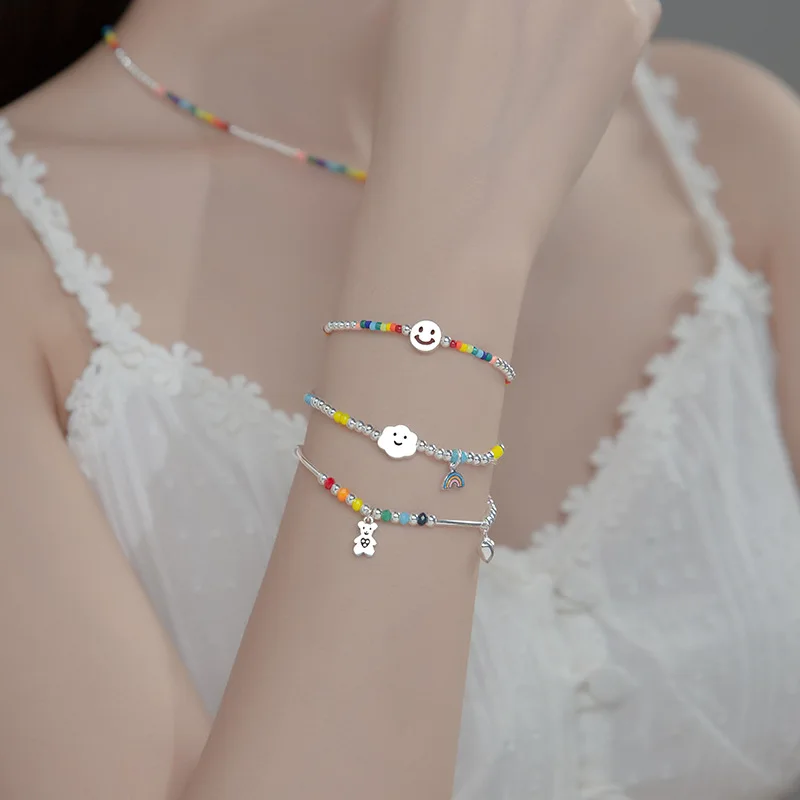 

Amazon-hot-selling 925 Sterling Silver Smile Pearl Bracelet Color Beaded Bracelet Korean version small fresh and lovely bracelet, Multi-colors