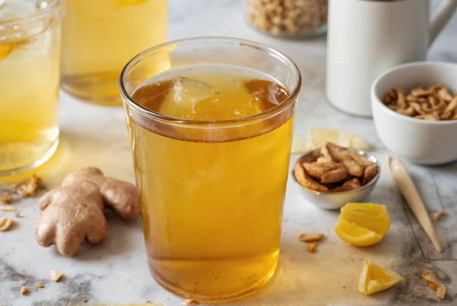 Golden spiced ginger turmeric tea in white ceramic mug with cinnamon stick and fresh ginger slices