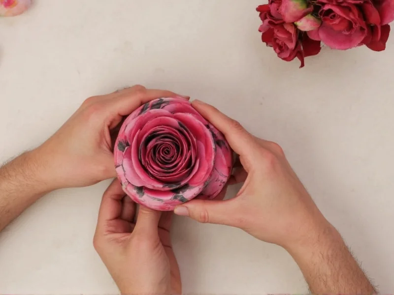 Hands shaping realistic paper rose from recycled magazine