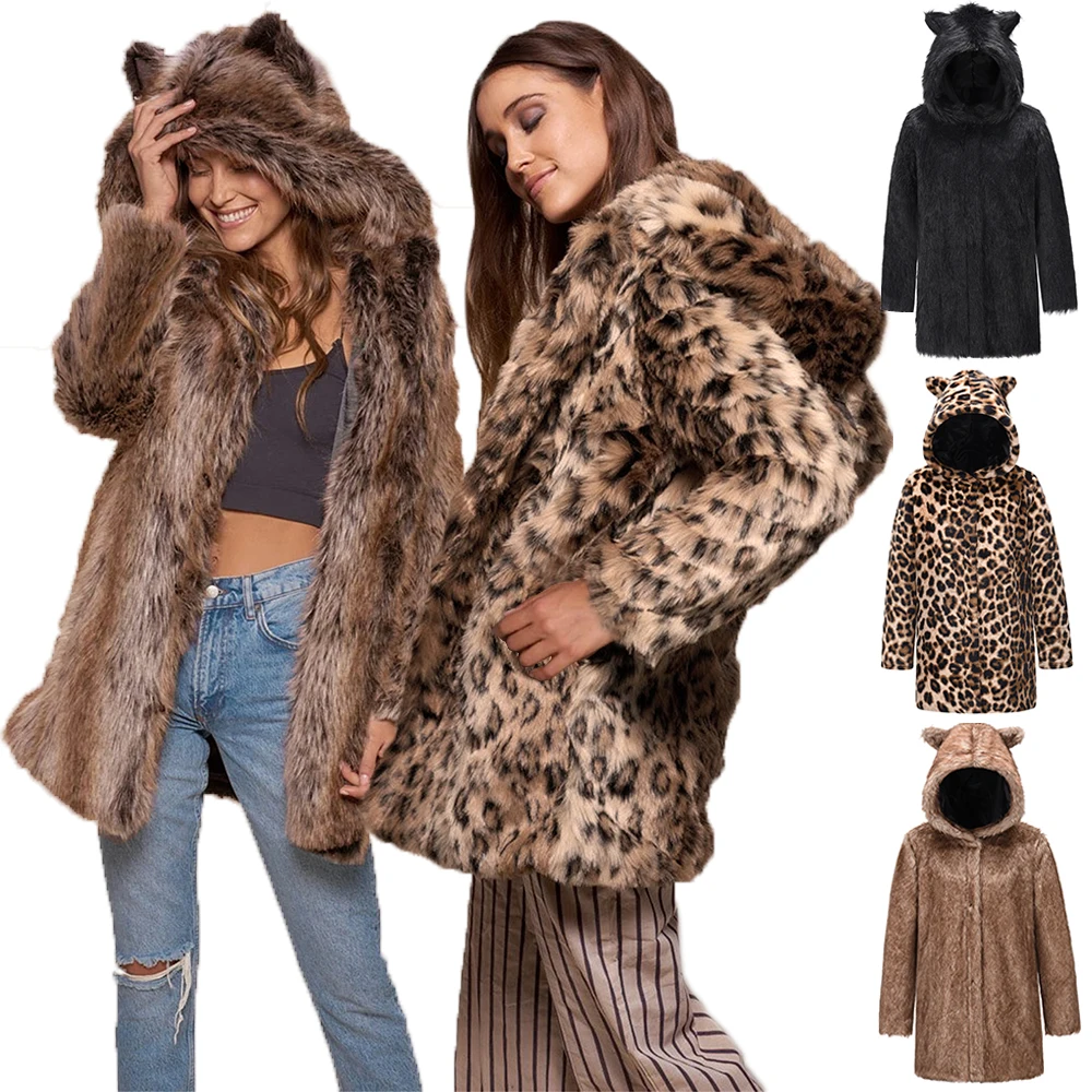New Design Cat Ears Fur Coat Women Warm Hooded Faux Fur Parka Ladies