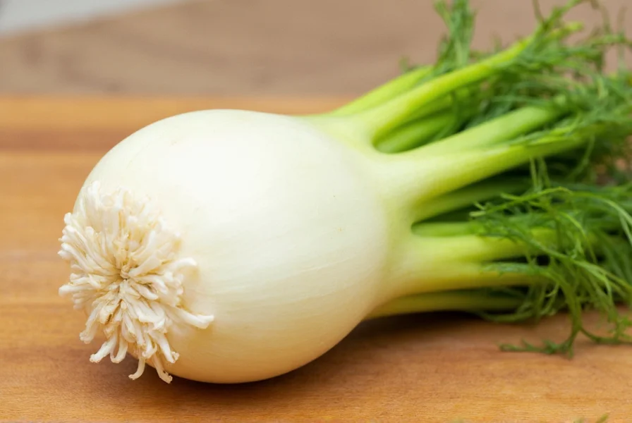 Close-up of fresh fennel bulb with feathery fronds on wooden cutting board