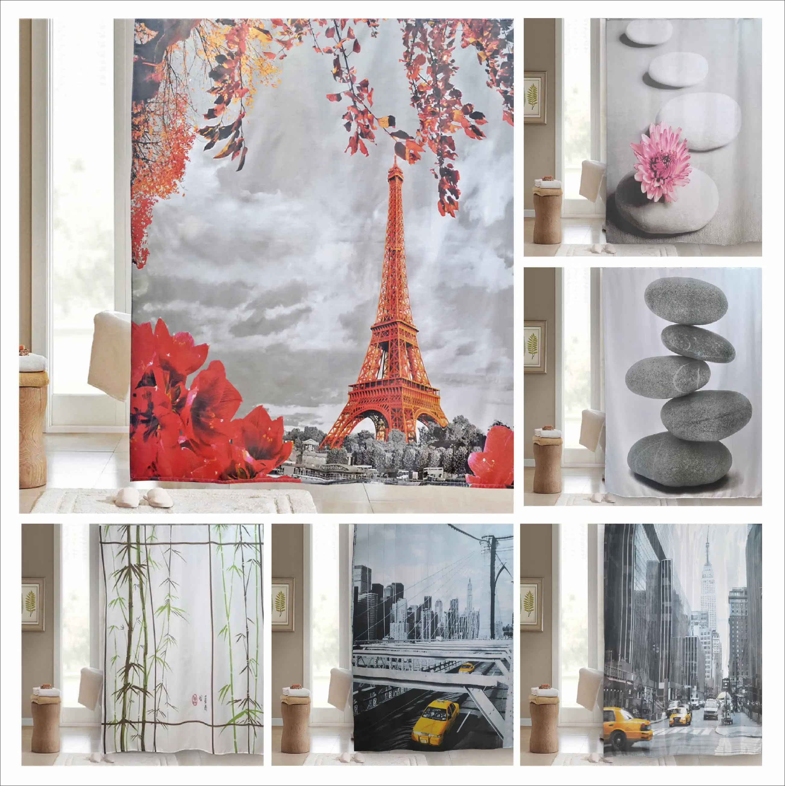 
Factory Direct Supply Screen Print Polyester Fabric Bathroom Shower Curtain 