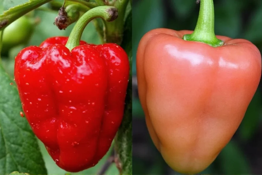 Side-by-side comparison of Carolina Reaper and Ghost Pepper showing physical differences in shape, texture, and color