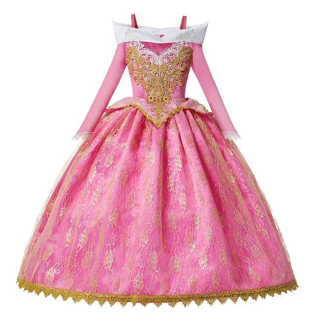 

New Girls Aurora Princess Costume Long Sleeve Sleeping Beauty Birthday Party Gown Children Fancy Dress For Girls, Pink