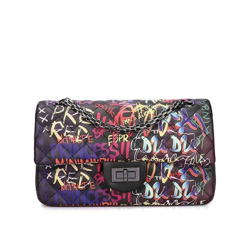 

Top selling fashion wholesale colorful luxury chain purse women colorful bags graffiti bags