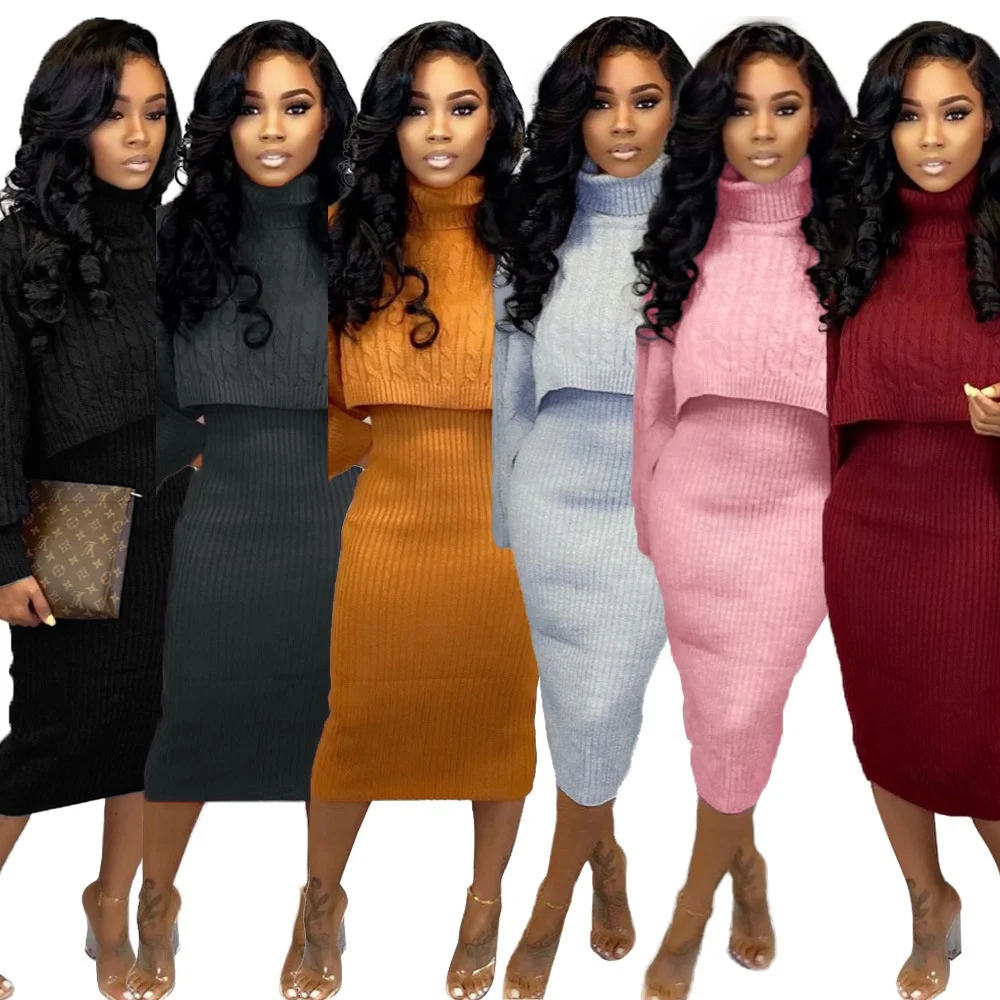 

New arrival women fashion turtleneck two piece set knitted sweater dress, As picture or customized make