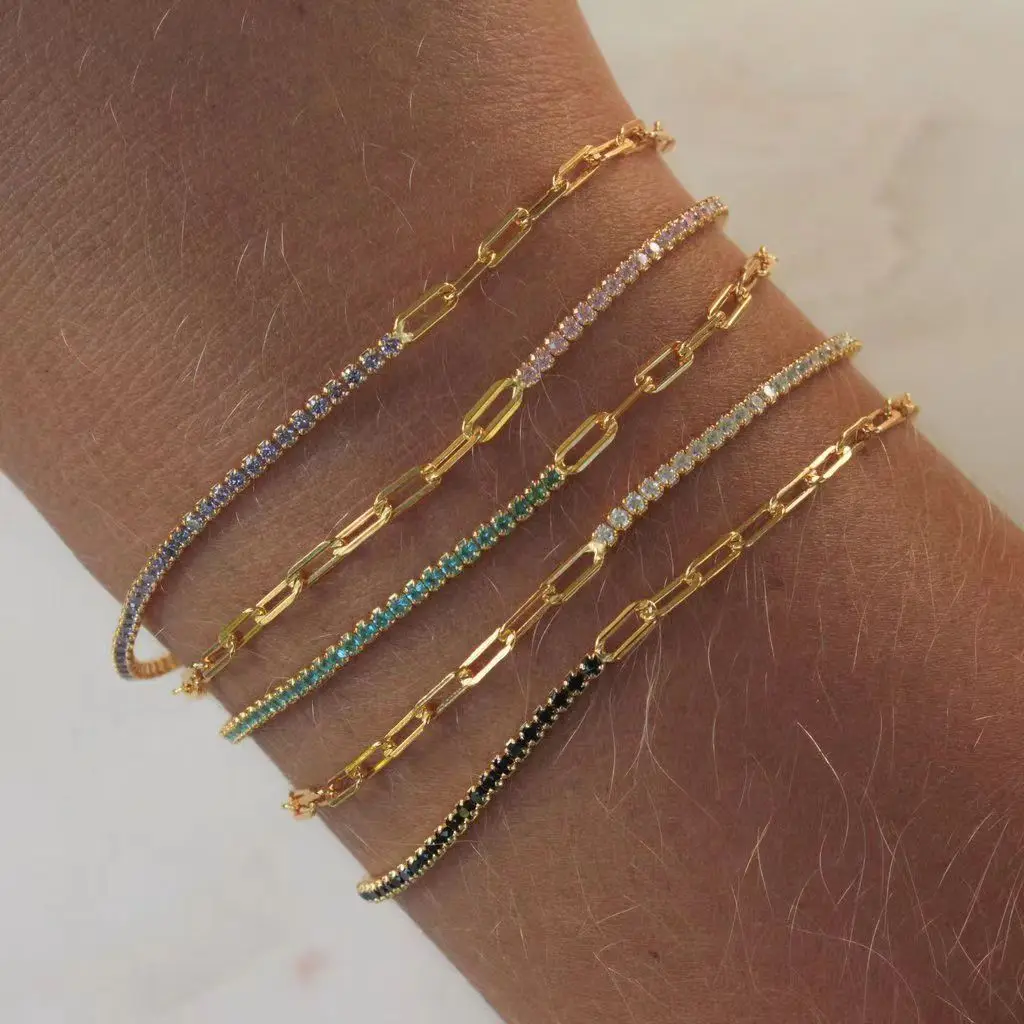 Wholesale Stainless Steel Accessories Stitching Paper Clip Chain Inlaid Zircon Bracelet