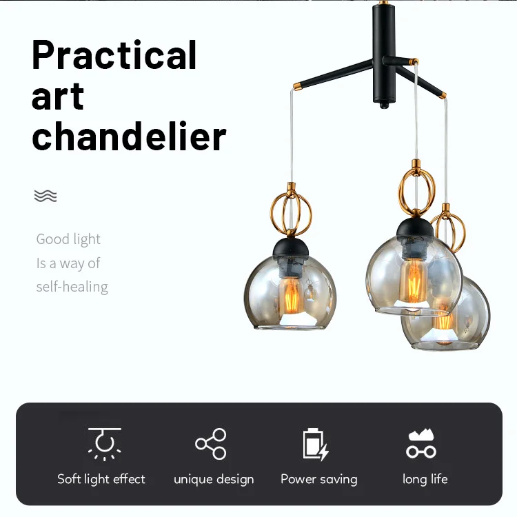 Modern Home Decorative Black Iron Simple Design Five Head Glass Chandelier