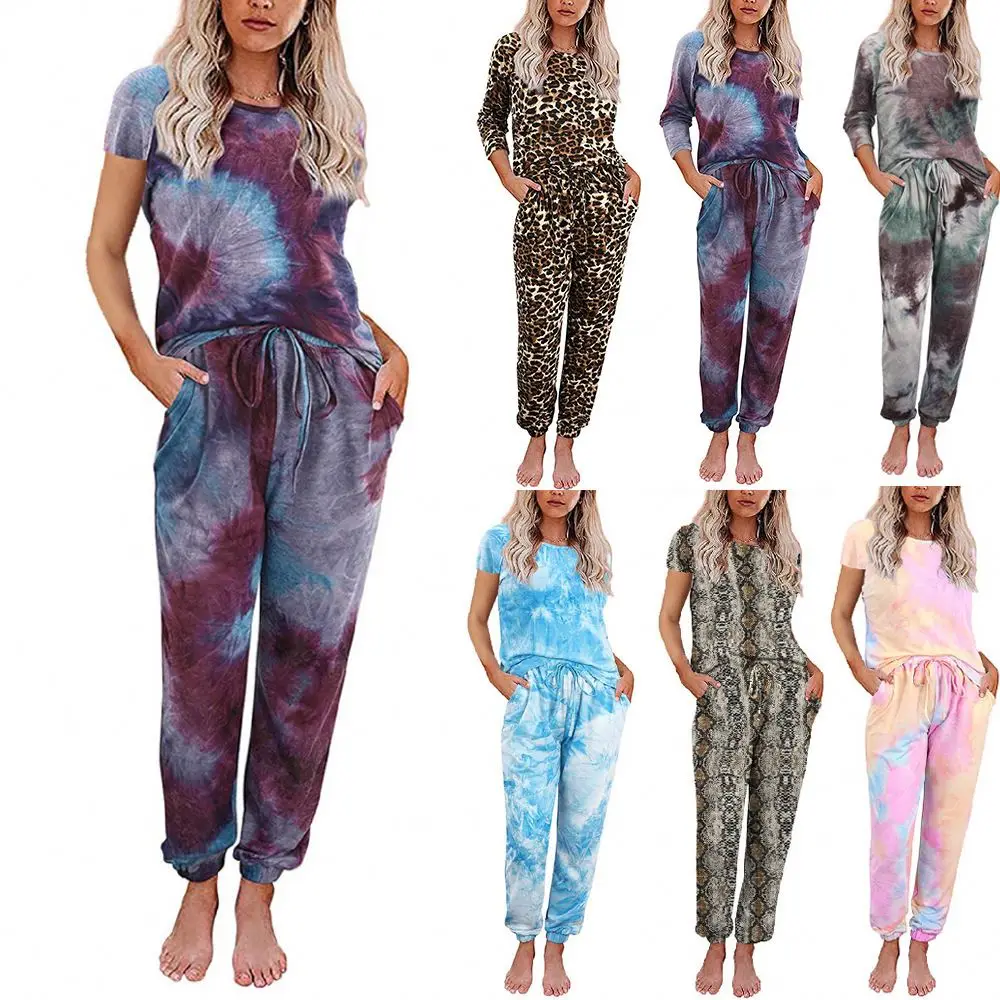 

High quality summer leopard printed tie dye womens pajama sets 2 piece shorts sleeve loose clothing joggers short sets for women, 8 colors