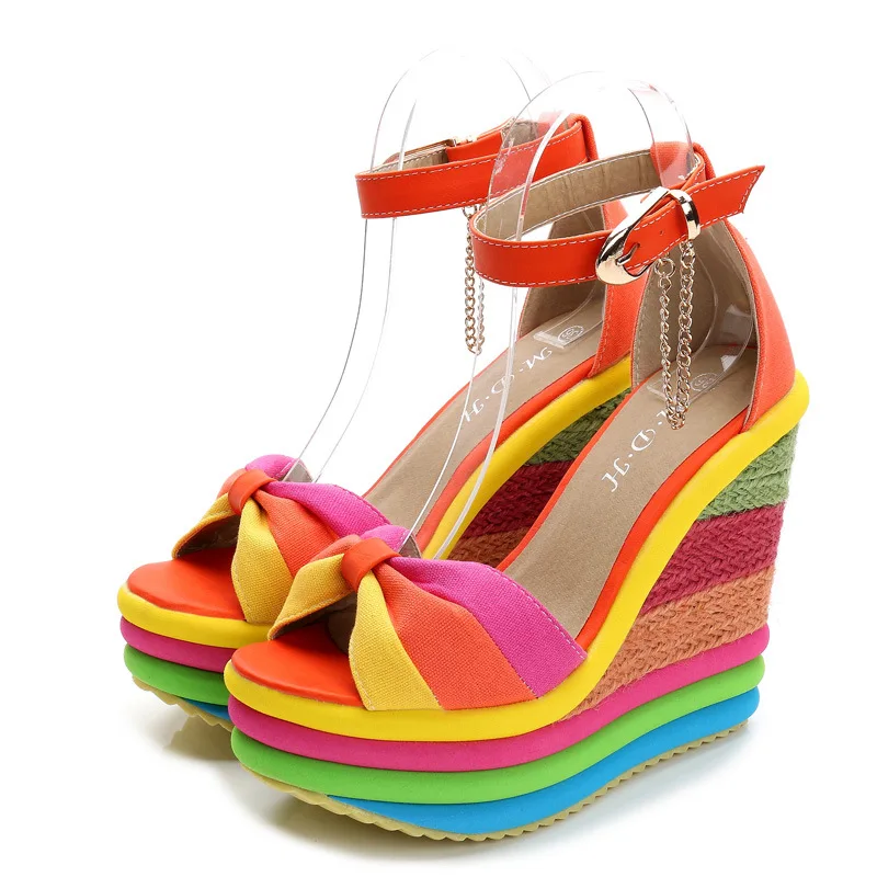 

Summer Sandals Women's Ladies Wedges High Multicolor Patchwork Sandals Peep Toe Roman Shoes Sandals High Heels, Blue,orange