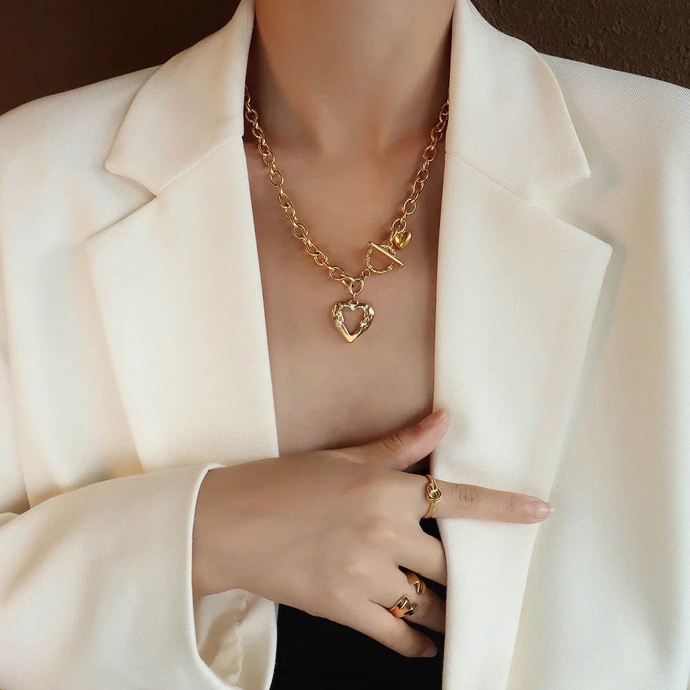 

New Trendy Fashion Stainless Steel Gold Plated Chain Jewelry Choker Necklace Heart Pendant OT Clasp Chokers Necklace