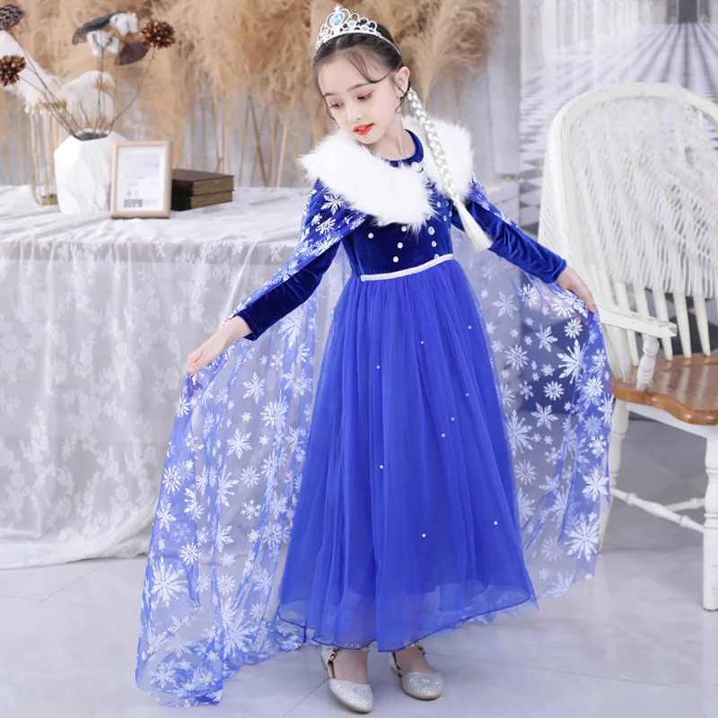 

2020 Winter velvet New Style Elsa Frozn Kids Little Princess Dress Costume Girl Queen Anna Girl Dresses, Blue