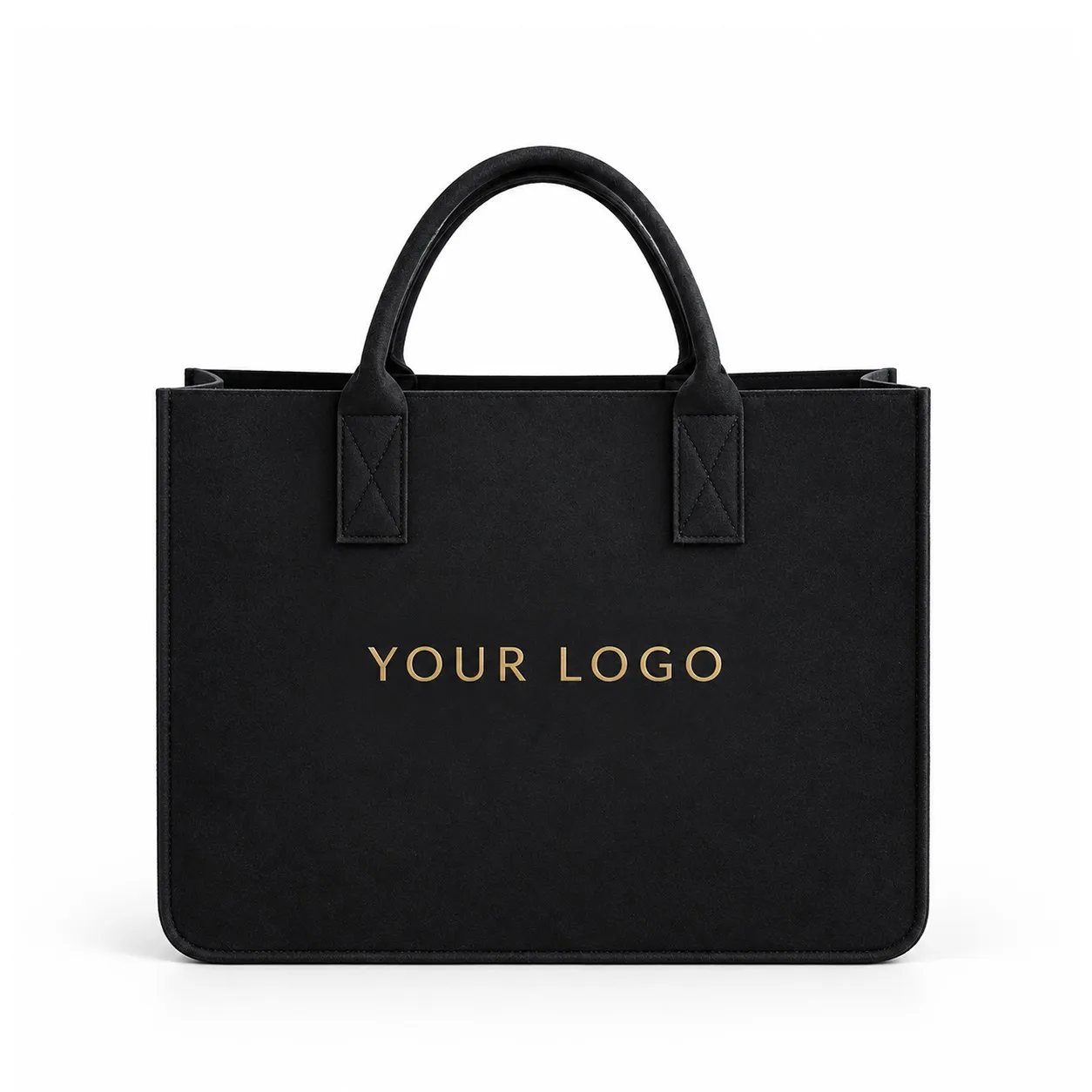 Black needle-punched felt tote bag with stitched felt handles and a gold custom logo on the front panel
