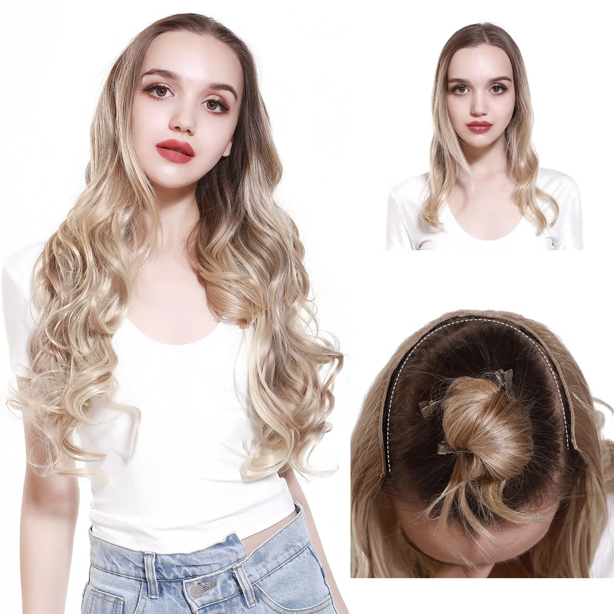 

Wholesale 26" One Piece Synthetic Curly Seamless Natural Blonde 5 Clips In Synthetic Hair Extensions Wigs For White Women