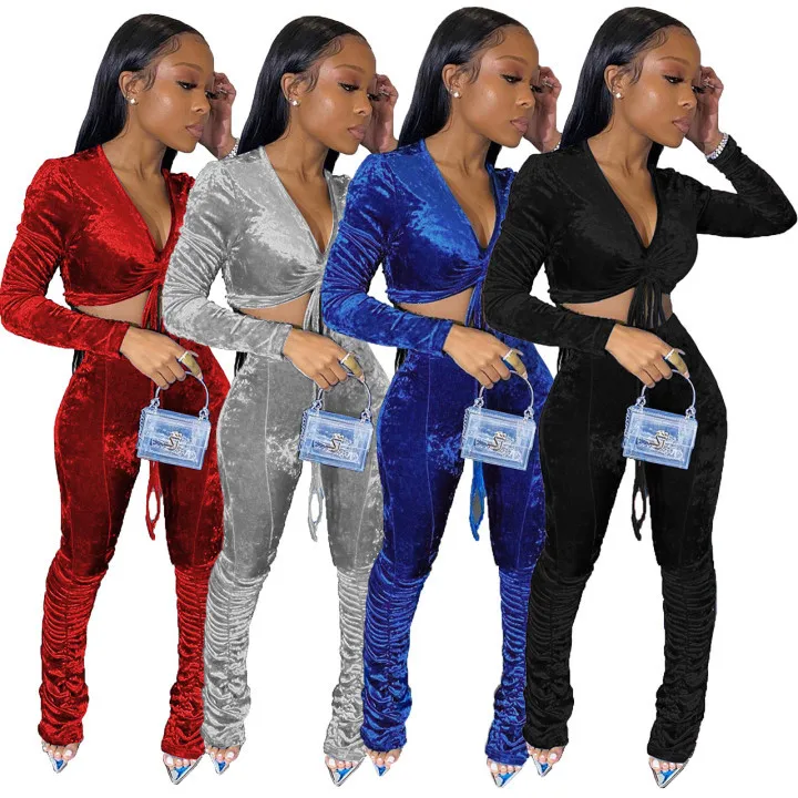

New Arrivals Velvet Drawstring Crop Top And Stack Pants Sports 2 piece Set Tracksuits For Women, 4options