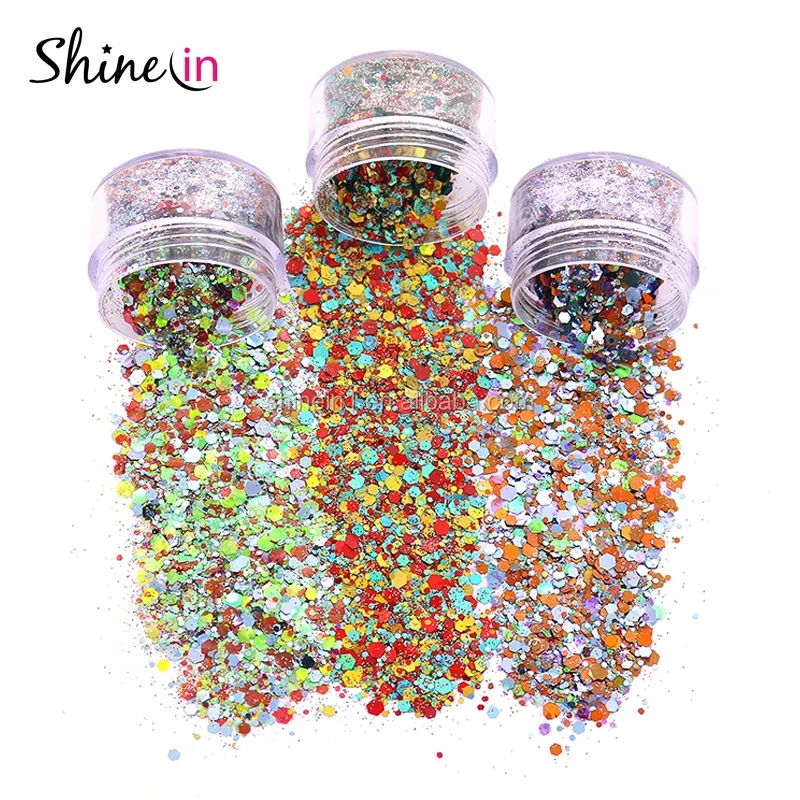 

Wholesale Eco friendly Mixed Color Cosmetic Body Glitter Shimmer Chunky Eye Glitter for Festival Party Makeup, Mixed multi colors