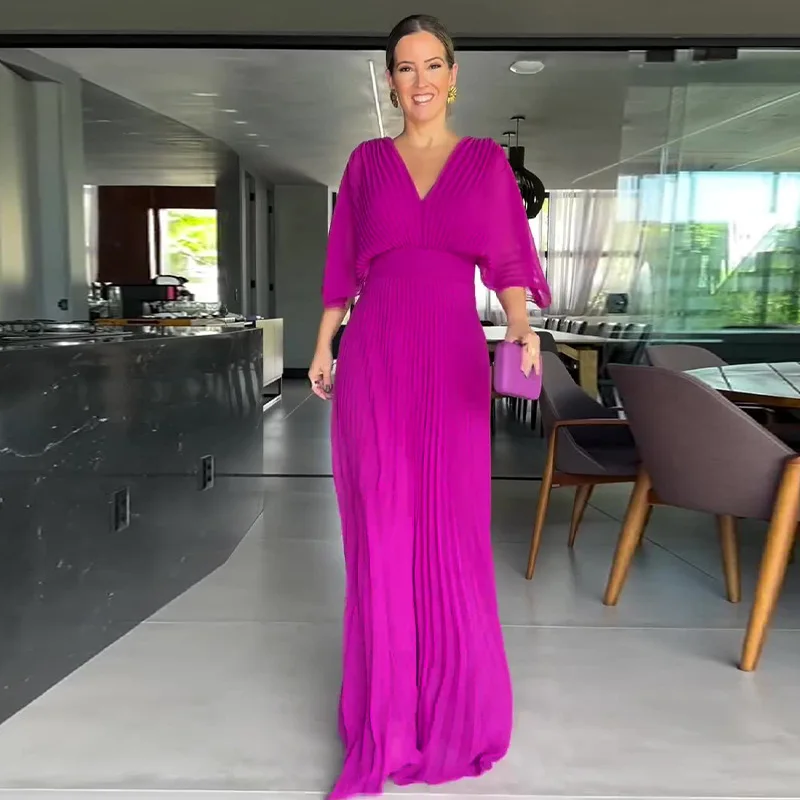 Boutique Wholesale 2026 Summer European and American Style Solid Color V-neck Bat Sleeve High Waisted Women's Dress