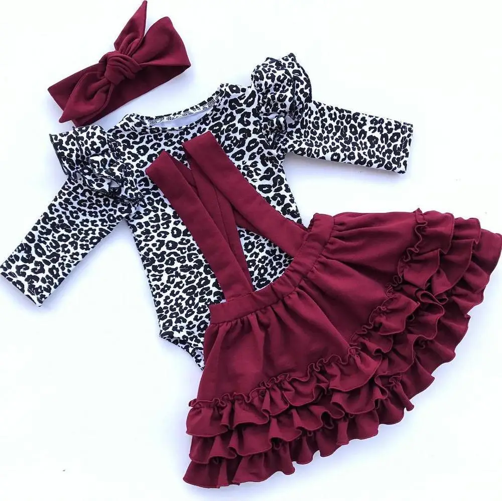 

3PCS Cute Baby Girl Clothes Spring Autumn Toddler Flutter Sleeve Leopard Romper +Ruffles Suspender Dress+Headband Outfits