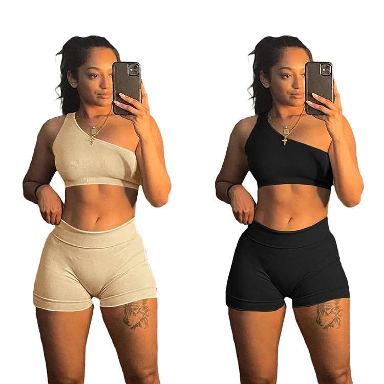 

AC8290 Women Two Piece Shorts Set Tracksuit Crop Top Shirt Sexy Yoga Clothing