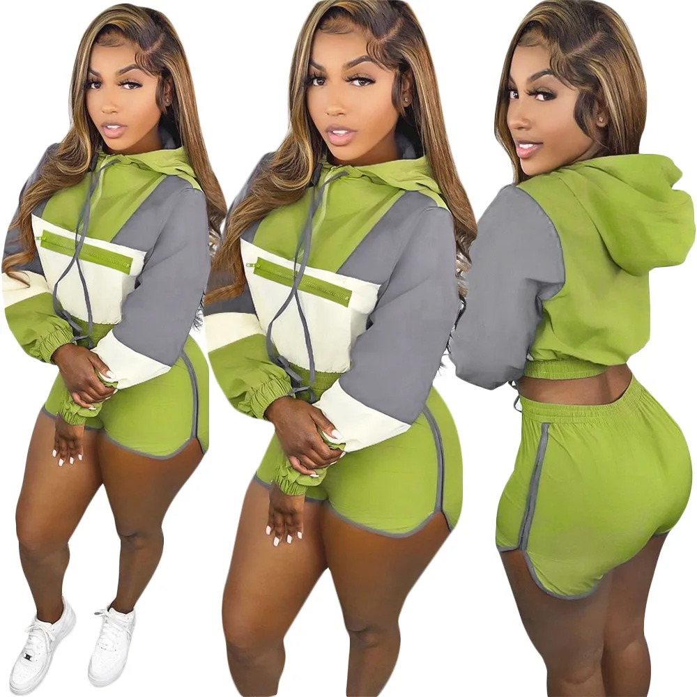 

Women's Hooded Sweater Fleece Sweater Stitching Striped Suit Sports Long Sleeve Casual Women two piece outfits set, Green