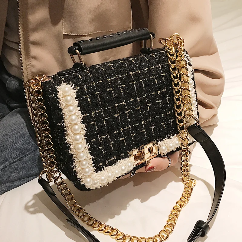 

KALANTA new style pearl sling bags for women luxury fashionable chain famous brands weave kint ladies messenger should handbags