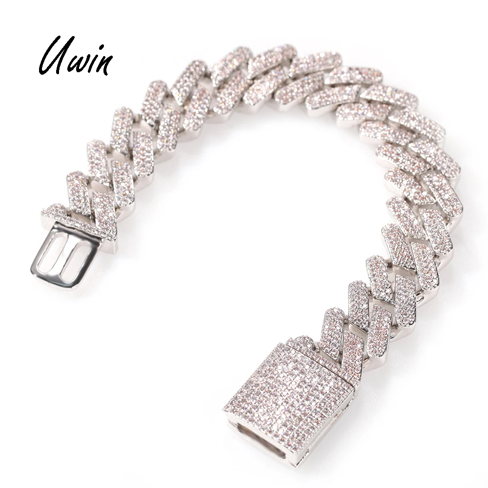 

UWIN 3 Row CZ 18mm Iced Out Cuban Link Chain Bracelet CZ Mens Thick Chains Rapper Fashion Jewelry, Gold, silvery