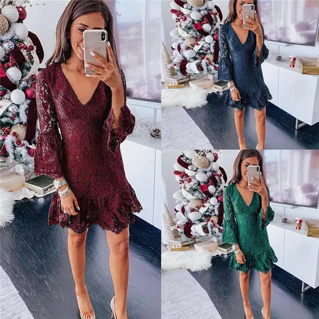 

2021 Spring And Summer V-neck Lace Flared Sleeves Ruffle Dress Women, Picture color