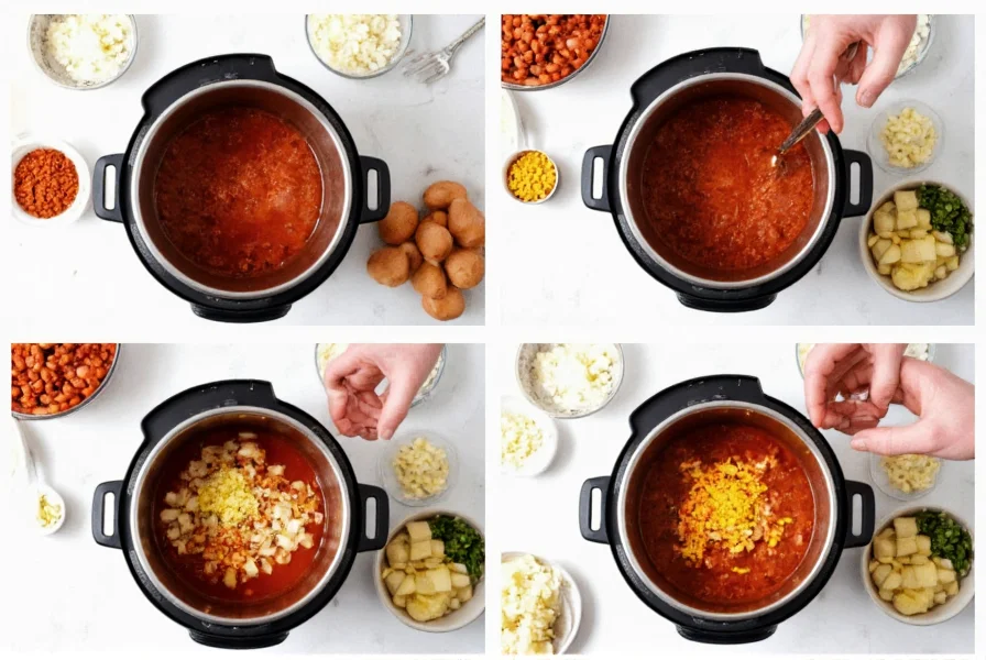 Step-by-step visual guide showing instant pot chili preparation process with ingredients arranged neatly around the appliance