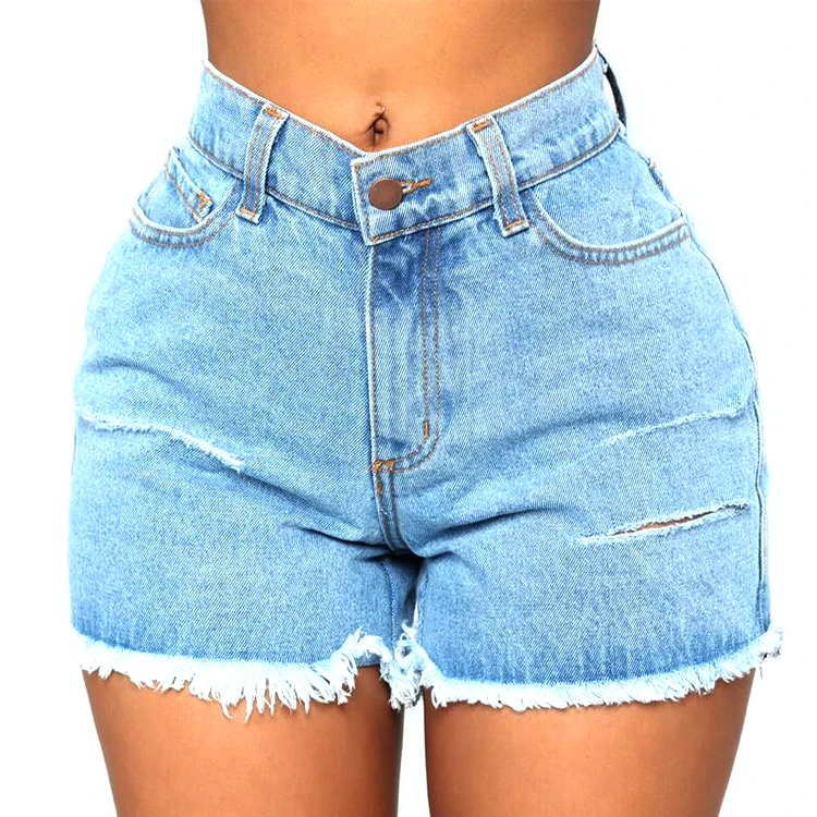 

2021 New Arrival Plus Size Jeans Zipper High Waist Distressed Ripped Jean Shorts Women, Blue