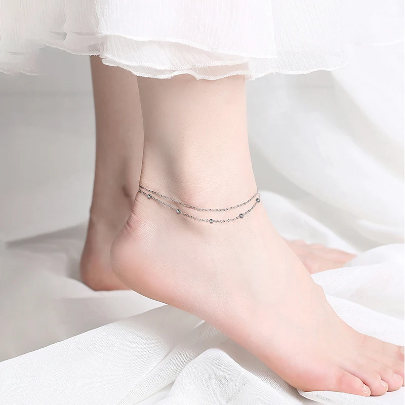 

RINNTIN SA14 Summer foot jewerly 925 sterling silver layered satellite chain link 14k gold plated anklet ankle bracelet women