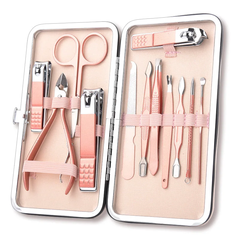 

Custom Logo Promotion Gift Nail Clipper Set Rose Pink 12pcs Pedicure Manicure Set For Nail Ear Nose Care With Case